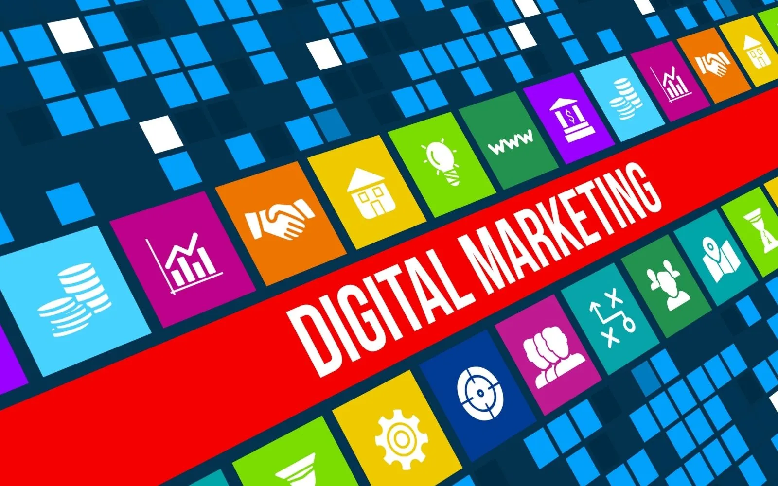 Laptop showing digital marketing analytics charts beside a notebook listing SEO, social media, ads and leads