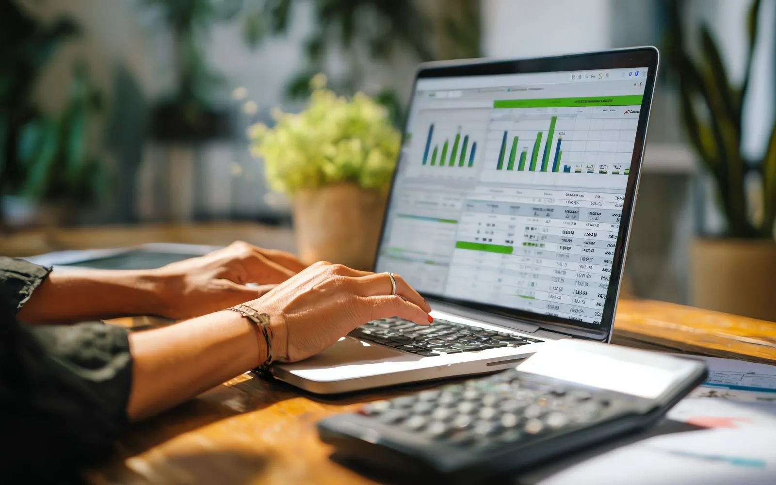Financial consultant reviewing business charts and reports with a laptop and calculator
