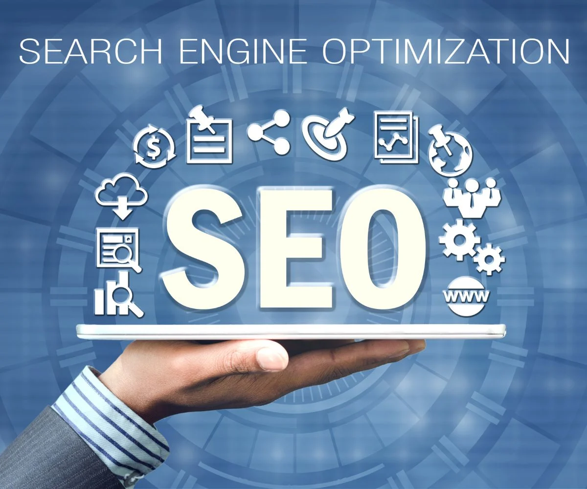 Laptop showing a search engine results page for SEO services