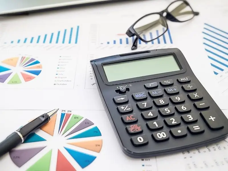 Budgeting and forecasting plan with calculator and financial charts